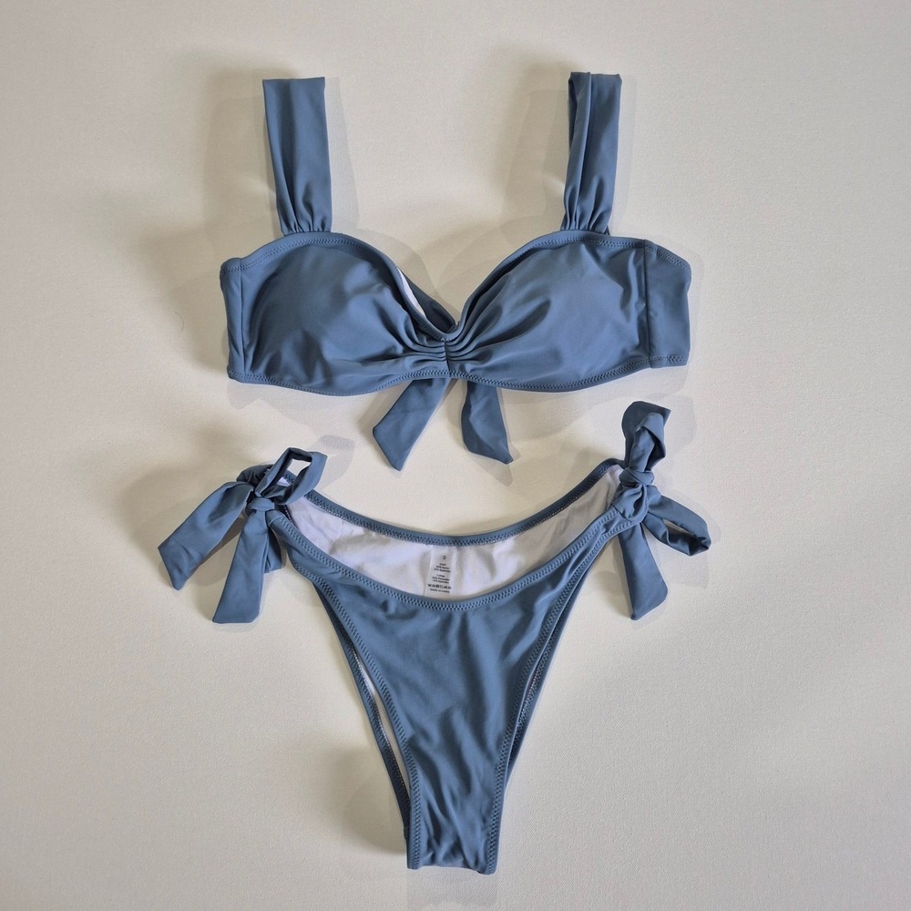 Blue Tie Front Bikini Set Two Piece Swimsuit High Cut Side Tie‎ Blue Size S